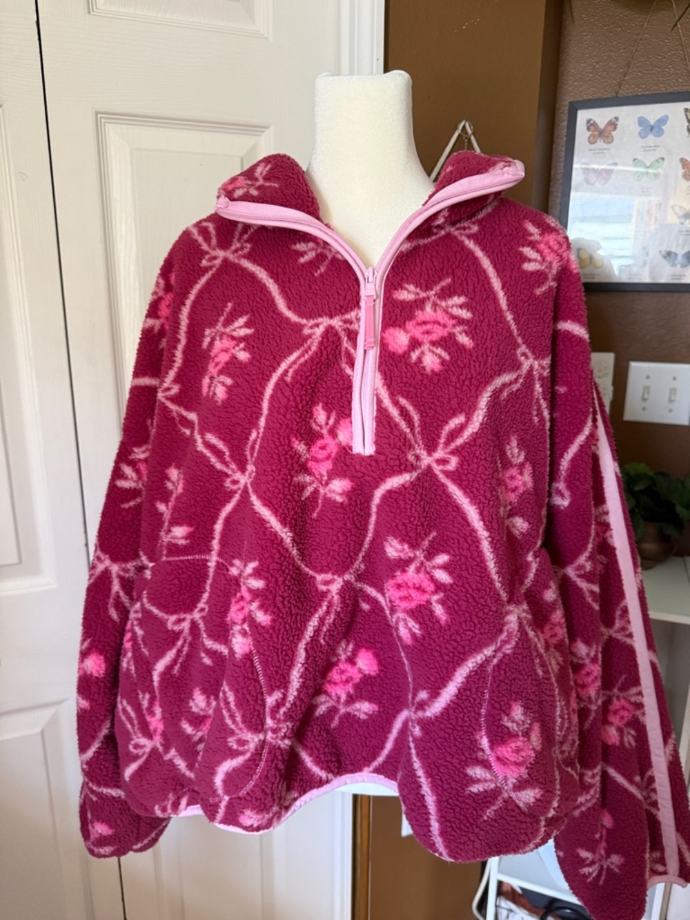 Cozy Floral Quarter-Zip Fleece Pullover - Raspberry Pink